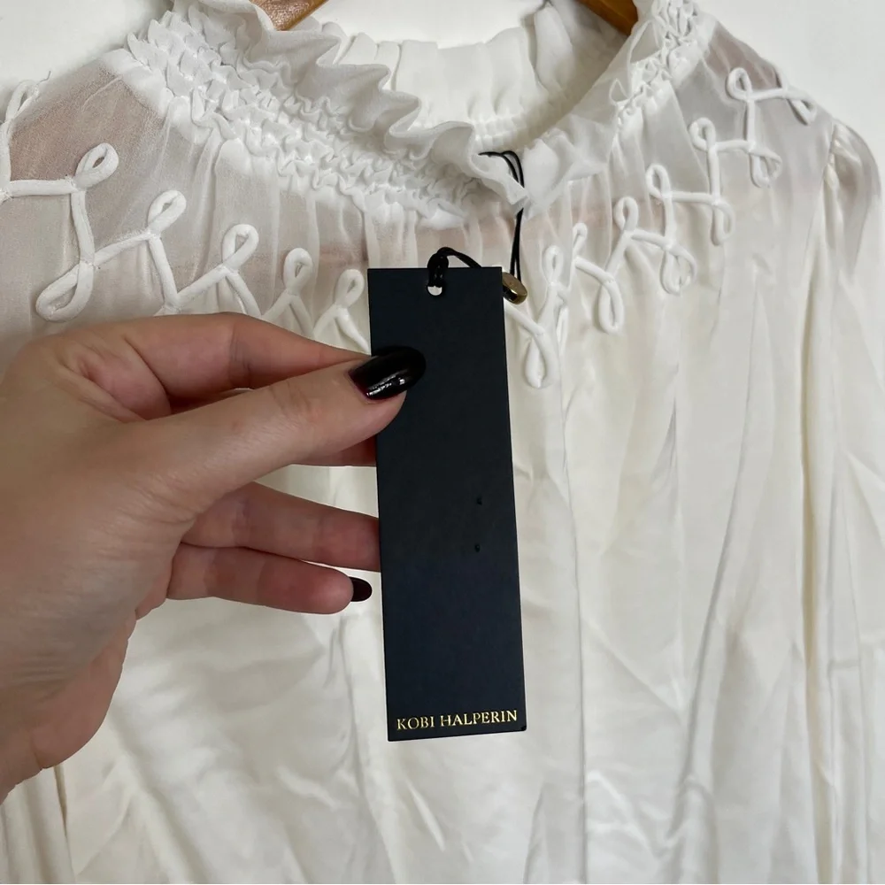 Kobi Halperin Womens Maria Ivory Silk Mock Neck Ruffled Blouse Size Large NWT